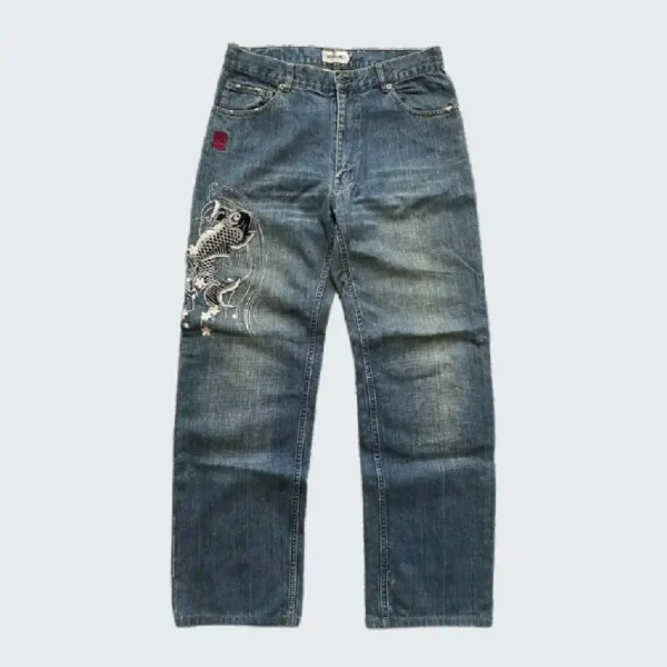 Karakuri Tamashii Embroidered Koi Japanese Jeans (1)
